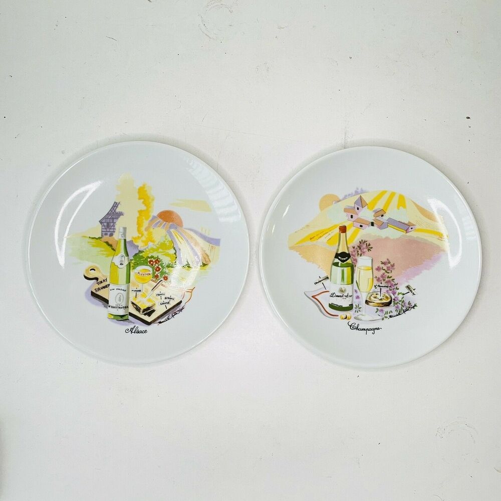 VTG L’Hirondelle France Painted Wine & Cheese Plate Set of 2 Artistic Cadeaux